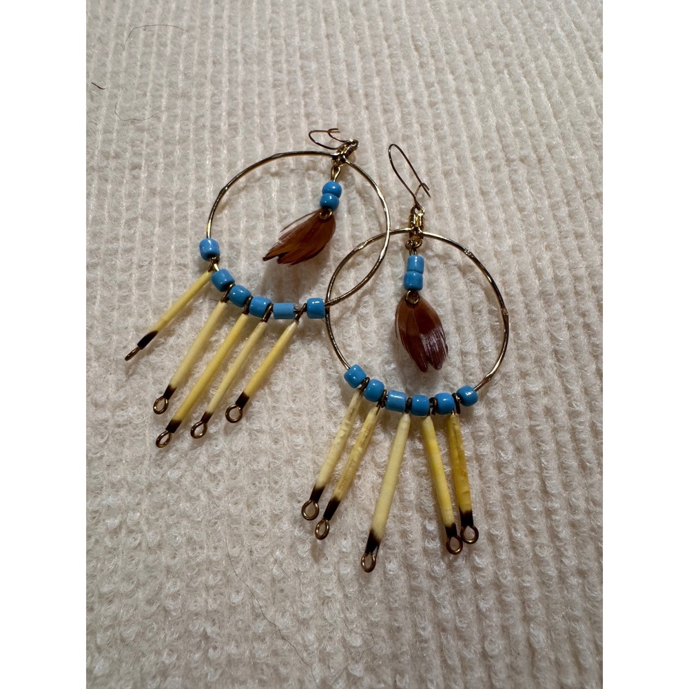 Boho Porcupine Quill Hoop Earrings Turquoise Seed Bead Feather Dangle Gold Tone
